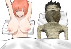 Rule 34 | 1boy, 1girl, aftersex, armpits, arms behind head, bed, black hair, breasts, closed eyes, couple, highres, humor, husband and wife, large breasts, looking at viewer, lying, mature female, mcdonald&#039;s, mcdonald&#039;s dad, mother (yoru mac), meme, mexico ufo alien bodies hearing (meme), nipples, nude, orange hair, pointy hair, short hair, smile, stretching, sweat, yoru mac