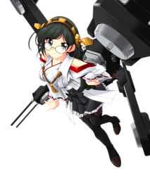 Rule 34 | 10s, 1girl, bare shoulders, black eyes, black hair, black pantyhose, blush, boots, breasts, cannon, chouzetsu yarou, detached sleeves, glasses, hairband, japanese clothes, kantai collection, kirishima (kancolle), medium breasts, miko, pantyhose, personification, short hair, skirt, smile, solo, thigh boots, thighhighs, turret