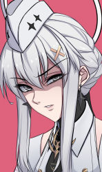 Rule 34 | 1girl, absurdres, capelet, disgust, earrings, grey capelet, grey eyes, grey hair, grey headwear, hair between eyes, hair ornament, highres, jewelry, liv: empyrea (punishing: gray raven), liv (punishing: gray raven), looking at viewer, lzypoipoi, punishing: gray raven, red background, shaded face, short hair with long locks, simple background, solo