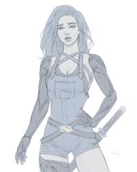 Rule 34 | 1girl, blue overalls, breasts, cleavage, collarbone, commentary, cyborg, highres, katana, large breasts, limited palette, mechanical arms, mechanical legs, original, overalls, parted lips, sheath, sheathed, signature, single mechanical leg, sketch, solo, sword, tank top, weapon, will jack