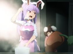 Rule 34 | 2girls, ahoge, alternate hairstyle, animal ears, animal print, apron, arm up, blue skirt, breasts, brown hair, carrot, carrot print, closed eyes, commentary request, cowboy shot, food print, hair between eyes, hair ribbon, holding, holding ladle, inaba tewi, indoors, ladle, large breasts, long hair, long sleeves, looking at another, multiple girls, open mouth, pajamas, pink apron, pink pajamas, plush food, pot, purple eyes, rabbit ears, rabbit print, red eyes, reisen udongein inaba, ribbon, shirosato, shirt, short hair, short sleeves, skirt, sleeping, sleeping upright, standing, steam, touhou, white ribbon, white shirt