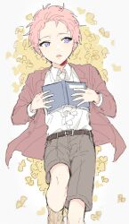 Rule 34 | 1boy, aged down, belt, book, brown belt, brown shorts, child, coat, collared shirt, ensemble stars!, highres, holding, holding book, itsuki shu, juma (wolf81gizinka), knee up, long sleeves, looking to the side, lying, male focus, on back, open clothes, open coat, open mouth, pink hair, purple eyes, red coat, shirt, short hair, shorts, solo