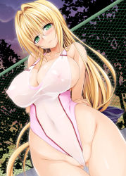 Rule 34 | 10s, 1girl, arm behind back, asics, bare shoulders, blonde hair, blush, brand name imitation, breasts, cameltoe, cleavage, competition swimsuit, covered erect nipples, covered navel, curvy, embarrassed, female focus, fence, glasses, green eyes, highleg, highleg swimsuit, impossible clothes, large breasts, long hair, looking at viewer, night, night sky, nipples, one-piece swimsuit, outdoors, partially visible vulva, rimless eyewear, see-through, sideboob, sky, solo, standing, star (sky), starry sky, swimsuit, taro kasukabe, tearju lunatique, thigh gap, thighs, to love-ru, to love-ru darkness, twilight, very long hair, wedgie, white one-piece swimsuit, wide hips