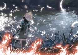 Rule 34 | 1girl, black thighhighs, boots, cloud, cloudy sky, feathers, fire, hair over eyes, justminor, kneeling, looking up, original, ruins, scenery, short hair, sky, solo, structure, thigh boots, thighhighs, torn clothes, white hair