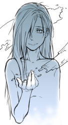 Rule 34 | 1boy, alchemy, alphonse elric, androgynous, arm at side, armpit crease, black outline, blue theme, cheekbones, closed mouth, collarbone, cropped torso, cupping hand, dissolving, fingernails, fullmetal alchemist, hair over one eye, hair strand, half-closed eyes, hand up, light smile, limited palette, long fingernails, long hair, looking at viewer, male focus, messy hair, monochrome, noako, nude, outline, parted bangs, ribs, simple background, skinny, straight hair, swept bangs, tareme, very long hair, white background