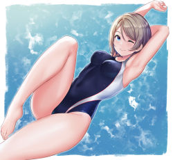 Rule 34 | 1girl, absurdres, armpits, arms up, barefoot, black one-piece swimsuit, blue background, blue eyes, breasts, competition swimsuit, cowboy shot, grey hair, highres, looking at viewer, love live!, love live! sunshine!!, medium breasts, one-piece swimsuit, one eye closed, rama (yu-light8), short hair, sitting, solo, stretching, swimsuit, watanabe you