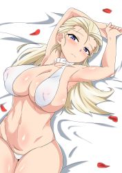 Rule 34 | 1girl, absurdres, armpits, arms up, bed sheet, bikini, blonde hair, blue eyes, blush, breasts, clara (girls und panzer), collarbone, covered erect nipples, female pubic hair, girls und panzer, halterneck, highres, large breasts, long hair, looking at viewer, lying, navel, on back, pubic hair, pubic hair peek, shiny skin, solo, stomach, swimsuit, tavor (m tavor), white bikini