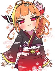 Rule 34 | 1girl, :3, ahoge, alternate hairstyle, animal, animal on head, black hairband, black kimono, blonde hair, blunt bangs, blush, bow, bowtie, commentary request, diagonal-striped bow, ear blush, fang, floral background, flower, gradient kimono, hair flower, hair ornament, hair stick, hairband, hololive, horn bow, horn flower, horn ornament, horns, japanese clothes, kimono, kiryu coco, kiryu coco (dragon), lace, lace-trimmed kimono, lace trim, looking at viewer, multicolored eyes, multicolored hair, new year, official alternate costume, on head, orange hair, pointy ears, print kimono, purple eyes, red eyes, red kimono, sakuramochi (sakura frappe), skin fang, smirk, smug, solo, standing, streaked hair, striped, striped bow, upper body, v-shaped eyebrows, virtual youtuber