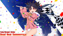 Rule 34 | 1girl, black hair, black ribbon, checkered flag, cloud, cloudy sky, commentary request, confetti, copyright name, cowboy shot, crown, earrings, english text, fate/grand order, fate (series), flag, fur-trimmed jacket, fur trim, hair ribbon, highres, holding, hoop earrings, ishikane aoi, ishtar (fate), jacket, jewelry, long hair, long sleeves, looking at viewer, no pants, one-piece swimsuit, open mouth, pink jacket, red eyes, ribbon, sky, smile, solo, standing, swimsuit, tohsaka rin, two side up, white one-piece swimsuit