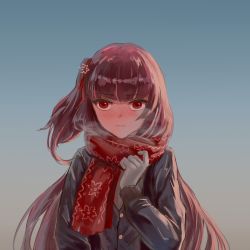 Rule 34 | 1girl, black jacket, blush, closed mouth, colorized, commentary, enpera, finger gun, girls&#039; frontline, gloves, hair ornament, highres, jacket, long hair, official alternate costume, red eyes, red hair, red neckwear, scarf, school uniform, simple background, solo, wa2000 (date in the snow) (girls&#039; frontline), wa2000 (girls&#039; frontline), white gloves, xu jeff