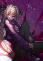 Rule 34 | 1boy, absurdres, astolfo (fate), black bow, black pantyhose, black skirt, bow, braid, closed mouth, collarbone, commentary, dated, eyelashes, fate/apocrypha, fate/grand order, fate (series), hair between eyes, hair bow, hair intakes, highres, hood, hood down, hooded jacket, hugging own legs, jacket, knee up, lips, long hair, long sleeves, looking at viewer, looking to the side, male focus, miniskirt, multicolored hair, official alternate costume, open clothes, open jacket, pantyhose, pink hair, pleated skirt, purple eyes, purple footwear, purple jacket, purple shirt, reclining, shirt, shoes, signature, single braid, sitting, skirt, sleeves past wrists, smile, sneakers, solo, streaked hair, striped clothes, striped shirt, tollrin-senpai, trap, two-tone hair, v-neck, very long hair, white hair