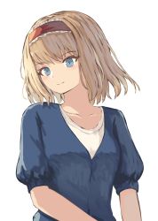 Rule 34 | 1girl, alice margatroid, alternate costume, blonde hair, blue eyes, blue shirt, closed mouth, hairband, highres, ookashippo, red hairband, shirt, short hair, short sleeves, simple background, smile, solo, touhou, upper body, white background