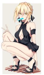 Rule 34 | 1girl, absurdres, artoria pendragon (alter swimsuit rider) (fate), artoria pendragon (alter swimsuit rider) (first ascension) (fate), artoria pendragon (fate), black bow, blonde hair, bow, breasts, cleavage, fate/grand order, fate (series), feet, food, hair bow, high heels, highres, looking at viewer, medium breasts, popsicle, short hair, sideboob, solo, squatting, toes, v, yellow eyes, yuchio
