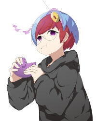Rule 34 | 1girl, :t, black hoodie, blue hair, closed mouth, coin, commentary request, creatures (company), eating, food, game freak, glasses, hands up, holding, holding food, hood, hood down, hoodie, hypnosis, long sleeves, looking to the side, mind control, mochi, multicolored hair, nintendo, pendulum, penny (pokemon), pokemon, pokemon sv, purple eyes, red hair, round eyewear, solo, string, tonu (aobatonu), two-tone hair, upper body, white background
