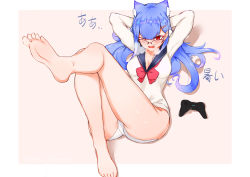 Rule 34 | 1girl, absurdres, animal ear fluff, animal ears, barefoot, blue hair, breasts, cat ears, cat tail, choumi wuti (xueye fanmang zhong), exercising, feet, foreshortening, game console, glasses, highres, long hair, medium breasts, playstation 4, plivyou, red eyes, school uniform, serafuku, shikai yue, sit-up, soles, solo, tail, toes, twitter username, underpants, virtual youtuber
