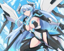 Rule 34 | 1girl, 2wsxdr5tgbhu8, absurdres, blue eyes, blue hair, breast expansion, breasts, cleavage, cloud, cloudy sky, commentary request, day, feet out of frame, gradient hair, hair ornament, highres, holding, horns, kiseijou rei, kiseijou rei (goddess form), large breasts, long hair, looking at viewer, multicolored hair, neptune (series), outdoors, serious, sky, solo, symbol-shaped pupils, transformation, very long hair, wings