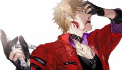 Rule 34 | 1boy, black gloves, black shirt, bleeding, blood, blood in mouth, blood on face, bokyo, brown hair, collar, delinquent, earrings, eyelashes, from side, fushimi gaku, gloves, hand on own face, hands up, highres, holding, injury, jacket, jewelry, light brown hair, looking away, male focus, nail polish, necklace, nijisanji, nosebleed, open mouth, outstretched arm, partially fingerless gloves, pectoral cleavage, pectorals, pendant, pliers, profile, red jacket, red nails, shirt, short hair, simple background, solo, tassel, tassel earrings, two-sided fabric, two-sided jacket, upper body, virtual youtuber, white background, yellow eyes