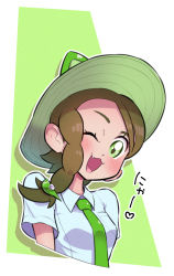 Rule 34 | 1girl, :3, animal ears, asymmetrical hair, blue shirt, blush, border, braid, breast pocket, breasts, brown hair, collared shirt, creatures (company), cropped torso, female focus, fumirumochigashin, game freak, green background, green eyes, green hat, green theme, hair ornament, hairclip, happy, hat, highres, japanese text, juliana (pokemon), long hair, looking at viewer, nintendo, one eye closed, open mouth, outline, pocket, pokemon, pokemon sv, school uniform, shirt, short sleeves, side braid, simple background, single braid, small breasts, smile, solo, sprigatito, sun hat, swept bangs, talking, translation request, upper body, white border, white outline, wink