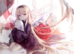 Rule 34 | 1girl, absurdly long hair, angel wings, black bow, black hairband, blonde hair, blush, bow, bowtie, closed mouth, dress, flower, frilled dress, frilled sleeves, frills, hairband, hands up, highres, holding, holding stuffed toy, kneeling, long hair, long sleeves, looking at viewer, miyu (miy u1308), original, pillow, purple dress, purple eyes, rose, sleeves past fingers, sleeves past wrists, solo, striped clothes, striped dress, stuffed animal, stuffed toy, very long hair, wings