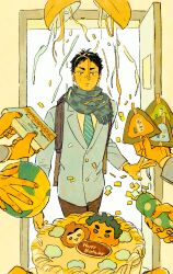 Rule 34 | 1boy, akaashi keiji, backpack, bag, ball, birthday, black hair, blue jacket, blue necktie, blue scarf, book, cake, chengongzi123, collared jacket, confetti, constricted pupils, disembodied limb, door, food, green eyes, haikyuu!!, hashtag-only commentary, highres, holding, holding ball, holding book, jacket, long sleeves, looking at viewer, male focus, necktie, parted lips, party popper, scarf, short hair, standing, striped necktie, upper body, very short hair, volleyball (object), yellow background