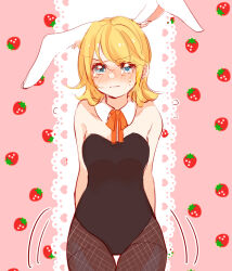 Rule 34 | 1girl, animal ears, arms behind back, bare shoulders, black leotard, blonde hair, blue eyes, blush, chinese zodiac, collarbone, crying, crying with eyes open, detached collar, ears down, embarrassed, fake animal ears, fishnet pantyhose, fishnets, frown, happy new year, kagamine rin, leotard, mimi mine, new year, pantyhose, pink background, playboy bunny, rabbit ears, solo, strapless, strapless leotard, strawberry background, tearing up, tears, v-shaped eyebrows, vocaloid, wavy mouth, year of the rabbit