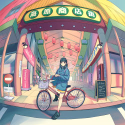 Rule 34 | 1girl, absurdres, bag, bare legs, bicycle, black footwear, blue coat, blue eyes, blue hair, ceiling light, closed mouth, coat, commentary request, expressionless, fisheye, full body, highres, lantern, long hair, long sleeves, looking at viewer, original, outdoors, paper lantern, raito (latek), reebok pump, riding, riding bicycle, road, sandwich board, scenery, shoes, shopping bag, shopping district, shorts, sign, signature, sneakers, solo, spring onion, street, tile floor, tiles, translation request, yellow shorts