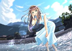 Rule 34 | 1girl, :d, absurdres, aqua eyes, artist name, brown hair, day, dress, hand on own cheek, hand on own face, highres, impossible clothes, lens flare, looking at viewer, mountainous horizon, open mouth, original, outdoors, river, scenery, sena (illust sena), sleeveless, sleeveless dress, smile, summer, sundress, wading, white dress