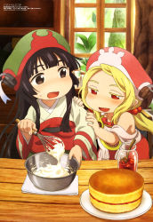 Rule 34 | 10s, 2girls, absurdres, black hair, blonde hair, blunt bangs, blush, brown eyes, cake, cooking, dress, food, green hat, hair bobbles, hair ornament, hakumei (hakumei to mikochi), hakumei to mikochi, hands on another&#039;s arm, hat, highres, indoors, japanese clothes, jar, kimono, konju (hakumei to mikochi), kurosawa keiko, long hair, low twintails, megami magazine, multiple girls, official art, open mouth, plant, red dress, red eyes, red hat, smile, table, tablecloth, twintails, whisk, white kimono, window, wooden table