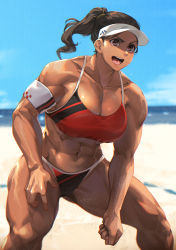 Rule 34 | 1girl, abs, armband, bare shoulders, beach, bikini, blue sky, breasts, brown eyes, brown hair, cleavage, clenched hand, cloud, collarbone, commentary, cowboy shot, dark-skinned female, dark skin, day, feet out of frame, hat, highres, large breasts, long hair, midriff, mikel (4hands), muscular, muscular female, navel, ocean, open mouth, original, outdoors, playing sports, ponytail, red bikini, sky, solo, sportswear, standing, sweat, swimsuit, teeth, upper teeth only, visor cap, volleyball