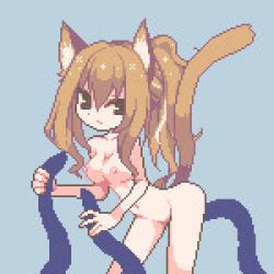 Rule 34 | 1girl, animal ears, animated, animated gif, bent over, breasts, brown eyes, brown hair, cat ears, cat tail, consensual tentacles, double handjob, green background, handjob, legs apart, looking at viewer, looping animation, lowres, medium breasts, mitsumine, navel, nude, original, pixel art, simple background, solo focus, standing, tail, tentacle sex, tentacles, tsurime, ugoira, upper body
