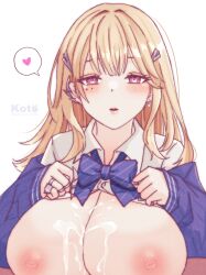Rule 34 | 1girl, blonde hair, blue bow, blue bowtie, blue jacket, blush, bow, bowtie, breasts, breasts out, brown eyes, claw ring, collared shirt, cum, cum on body, cum on breasts, cum on upper body, earrings, goddess of victory: nikke, hair ornament, heart, highres, huge breasts, i (kotombre 0370), jacket, jewelry, long hair, looking at viewer, mole, mole under eye, multiple rings, nipples, off-shoulder jacket, off shoulder, parted lips, puffy sleeves, ring, shirt, signature, sleeves past wrists, solo, spoken heart, tia (nikke), white shirt