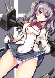Rule 34 | 10s, 1girl, breasts, clothes lift, female focus, gabao., gloves, hat, highres, kantai collection, kashima (kancolle), large breasts, long hair, military, military uniform, miniskirt, panties, pleated skirt, purple eyes, short hair, silver hair, skirt, skirt lift, smile, solo, twintails, underwear, uniform, white gloves, white panties