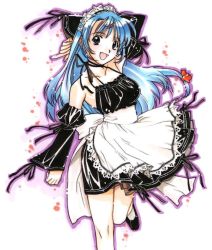 Rule 34 | 1girl, apron, bare shoulders, blue hair, blush, bow, clothes lift, collarbone, detached sleeves, frills, gathers, konasu (akanekotei), lace, leg up, long hair, long sleeves, looking at viewer, maid, maid apron, maid headdress, open mouth, original, outline, purple eyes, purple outline, ribbon, shoes, skirt, skirt lift, smile, solo, standing, standing on one leg, waist apron, white background