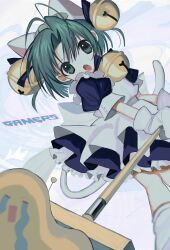Rule 34 | 1girl, animal ears, animal hat, apron, bell, black dress, broom, cat ears, cat hat, cat tail, crying emoji, dejiko, di gi charat, dress, emoji, english text, fake tail, fang, gloves, green eyes, green hair, hair bell, hair intakes, hair ornament, hat, highres, holding, holding broom, jingle bell, maid, maid apron, open mouth, pepeppepe101, short hair, socks, solo, tail, white background, white gloves, white socks