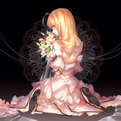 Rule 34 | 1girl, antenna hair, artoria pendragon (all), artoria pendragon (fate), bare shoulders, black footwear, blonde hair, blush, bouquet, detached sleeves, dress, eyebrows, fate/stay night, fate/unlimited codes, fate (series), flower, from behind, full body, green eyes, high heels, holding, holding flower, kinokohime, kinokohime (mican02rl), long hair, looking back, profile, puffy short sleeves, puffy sleeves, puppet strings, saber (fate), saber lily, shoes, short sleeves, sitting, sleeveless, sleeveless dress, solo, wariza, white dress, white flower