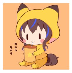 Rule 34 | 1girl, :3, blue hair, blush stickers, brown background, brown hair, chibi, closed mouth, cup, daitaku helios (umamusume), disposable cup, drinking straw, gomashio (goma feet), holding, holding cup, hood, hood up, hoodie, horse tail, mini person, minigirl, multicolored hair, orange pants, pants, pantyhose, simple background, sitting, solo, star (symbol), star print, streaked hair, tail, translation request, umamusume, yellow hoodie, yellow pantyhose, | |