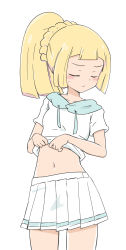 Rule 34 | 1girl, absurdres, blonde hair, blush, closed eyes, closed mouth, clothes lift, commentary request, cowboy shot, creatures (company), game freak, highres, lifting own clothes, lillie (pokemon), long hair, nagitaro, navel, nintendo, pleated skirt, pokemon, pokemon sm, ponytail, sailor collar, shirt, shirt lift, short sleeves, simple background, skirt, solo, sweatdrop, white background, white shirt, white skirt