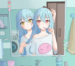 Rule 34 | 2others, absurdres, androgynous, bathroom, blue hair, blush, chinese commentary, closed mouth, comb, commentary request, contemporary, hair between eyes, highres, holding, holding comb, holding toothbrush, indoors, long hair, looking at viewer, multiple others, orenji (user fknw7775), raphael (tensei shitara slime datta ken), rimuru tempest, shirt, short sleeves, smile, tensei shitara slime datta ken, toothbrush, washing machine, white shirt, yellow eyes