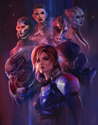 Rule 34 | 3boys, 4girls, absurdres, alien, android, armor, asari (mass effect), black eyes, black jacket, black sclera, blue eyes, blue jacket, blue lips, blue skin, bra, breasts, brown eyes, brown hair, chest tattoo, colored sclera, colored skin, commander shepard, commander shepard (female), commentary, criss-cross halter, ear piercing, edi (mass effect), english commentary, engrish commentary, eva kosmos, extra eyes, floating hair, frown, garrus vakarian, grey lips, halterneck, head tilt, highres, jack (mass effect), jacket, javik (mass effect), liara t&#039;soni, looking at viewer, looking to the side, looking up, mass effect (series), mass effect 3, medium breasts, medium hair, metal skin, mordin solus, multiple boys, multiple girls, n7 armor, neck tattoo, parted lips, piercing, prothean, red hair, red lips, salarian, science fiction, small breasts, solid eyes, tattoo, tentacle hair, turian, undercut, underwear, v-shaped eyebrows, white bra, white jacket, yellow sclera