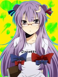 Rule 34 | 1girl, :&lt;, alternate costume, alternate hairstyle, arms behind back, bad id, bad pixiv id, bespectacled, book, contemporary, crescent, crescent hair ornament, female focus, glasses, hair ornament, long hair, no headwear, no headwear, patchouli knowledge, purple eyes, purple hair, solo, touhou, waiko