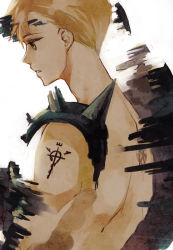 Rule 34 | 1boy, alphonse elric, androgynous, back, bare back, blonde hair, covering privates, expressionless, eyelashes, from side, fullmetal alchemist, looking away, male focus, mozzu, nude cover, short hair, simple background, solo focus, white background, yellow eyes