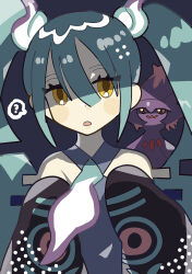 1girl ? anidler91 aqua_hair bare_shoulders black_background black_sleeves creatures_(company) d: detached_sleeves eyelashes eyes_visible_through_hair game_freak gen_4_pokemon ghost_miku_(project_voltage) hair_between_eyes hatsune_miku highres long_bangs long_hair long_sleeves mismagius nintendo open_mouth pokemon pokemon_(creature) project_voltage sleeves_past_fingers sleeves_past_wrists speech_bubble spoken_question_mark twintails vocaloid yellow_eyes