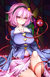 Rule 34 | 1girl, absurdres, alternate breast size, bare legs, blue shirt, breasts, buttons, closed mouth, collarbone, floral print, frills, headpiece, heart button, highres, komeiji satori, large breasts, long sleeves, navel, pink hair, purple eyes, raptor7, shirt, short hair, sitting, solo, stained glass, thighs, third eye, touhou, unmoving pattern, wide hips