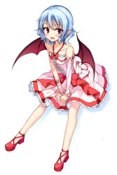 Rule 34 | 1girl, adapted costume, asymmetric gloves, asymmetrical gloves, bare shoulders, bat wings, bow, dress, gloves, high heels, junior27016, light purple hair, looking at viewer, no headwear, no headwear, no socks, pink dress, pointy ears, red bow, red eyes, red footwear, red ribbon, remilia scarlet, ribbon, shoes, short hair, sitting, solo, touhou, uneven gloves, wings