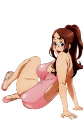 Rule 34 | 00s, 1girl, :d, arm support, arms behind back, ass, back, backless outfit, bare back, blue eyes, blush, body blush, breasts, brown hair, casual one-piece swimsuit, dragonaut, feet, foreshortening, glasses, heart, highres, jinguuji megumi, large breasts, leaning back, legs, long hair, looking at viewer, looking back, megumi jinguuji, official art, one-piece swimsuit, one side up, open mouth, pink one-piece swimsuit, ponytail, profile, reclining, sandals, shoe dangle, sideboob, sidelocks, simple background, sitting, smile, solo, swimsuit, uno makoto, white background