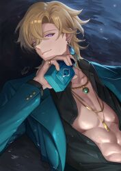 Rule 34 | 1boy, abs, absurdres, aventurine (honkai: star rail), blazer, blonde hair, debbie (debbielu9972), earrings, highres, holding perfume, honkai: star rail, honkai (series), jacket, jewelry, looking at viewer, lying, male focus, multicolored eyes, necklace, open clothes, open shirt, partially submerged, pectorals, ring, solo, water