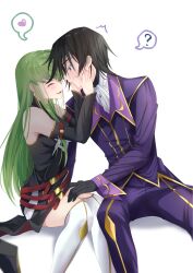 Rule 34 | 1boy, 1girl, ?, ^ ^, absurdres, black gloves, black hair, blush, budgiepon, c.c., closed eyes, code geass, couple, detached sleeves, face-to-face, gloves, gold trim, green hair, hand on another&#039;s thigh, heart, hetero, highres, imminent kiss, leaning to the side, lelouch vi britannia, long hair, looking at another, pants, purple eyes, purple pants, purple shirt, shirt, short hair, sitting, spoken heart, spoken question mark, thighhighs, white thighhighs