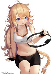 Rule 34 | 1girl, :d, ahoge, bare shoulders, bike shorts, black gloves, black shorts, blonde hair, blue eyes, blush, braid, breasts, cleavage, commentary, dated, fingerless gloves, flower, gloves, hair flower, hair ornament, highres, hirota fruit, holding, knee up, long hair, medium breasts, navel, nijisanji, open mouth, otogibara era, ring-con, ring fit adventure, shorts, side braid, simple background, smile, solo, stomach, twitter username, very long hair, virtual youtuber, white background