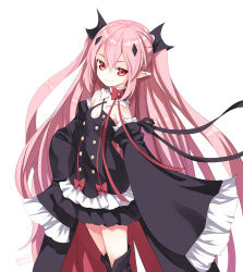 Rule 34 | 10s, 1girl, bare shoulders, detached sleeves, kiira, krul tepes, long hair, owari no seraph, pink hair, pointy ears, red eyes, ribbon, simple background, sleeves past wrists, smile, solo, two side up, very long hair, white background