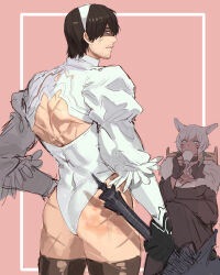 Rule 34 | 1boy, 1girl, 2b (nier:automata), 2b (nier:automata) (cosplay), absurdres, adventurer (ff14), ass, back, back cutout, black dress, black gloves, blue eyes, character request, closed mouth, clothing cutout, cosplay, cup, dress, drinking, feather-trimmed sleeves, final fantasy, final fantasy xiv, fingerless gloves, gloves, grey hair, highres, holding, holding cup, holding sword, holding weapon, hyur, juliet sleeves, long sleeves, looking at another, looking at viewer, miqo&#039;te, muscular, muscular male, nier:automata, nier (series), on (isk1812), puffy sleeves, scar, scar on leg, sitting, slap mark, spanked, sword, thighs, warrior of light (ff14), weapon